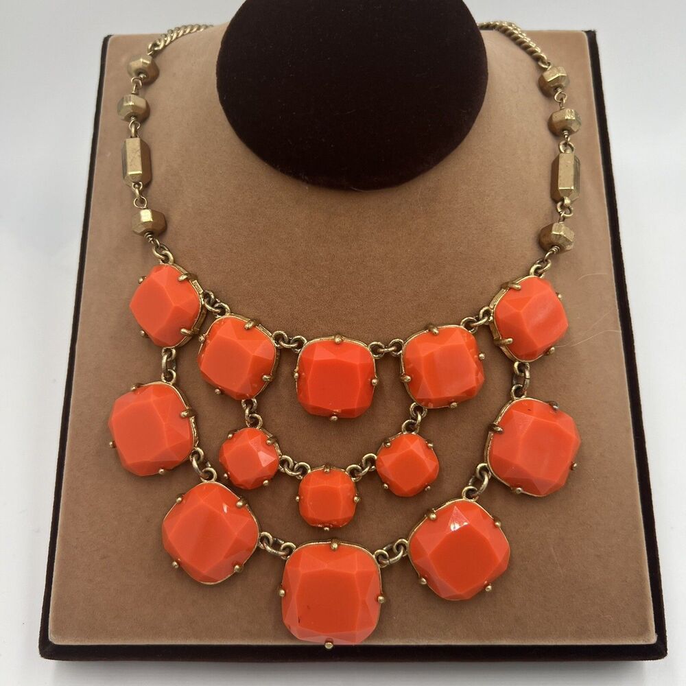 Stella & Dot Necklace Orange Chunky Bright Statement Olivia Bib Gold Tone